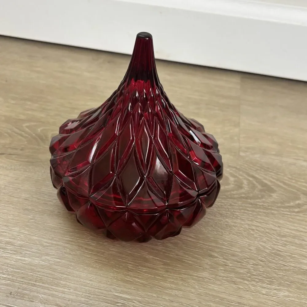 Hershey's Kisses Ruby Red Flash Pressed Glass Candy Dish w/ Lid Diamond Point
